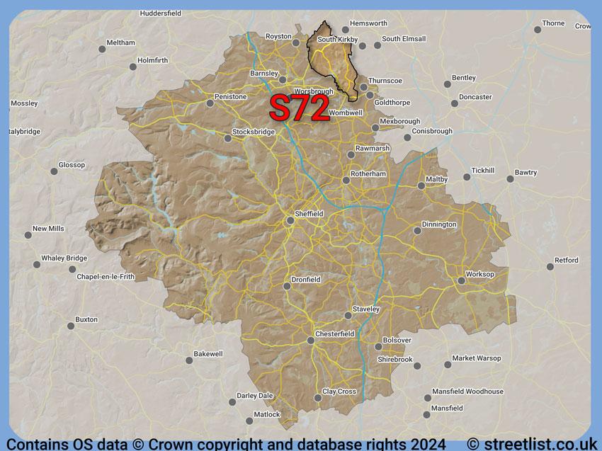 Where the S72 postcode district lies within the wider  postcode area