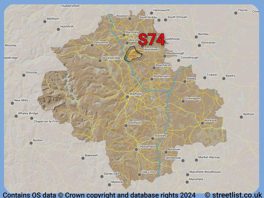 Where the S74 postcode district lies within the wider  postcode area