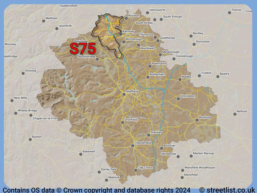 Where the S75 postcode district lies within the wider  postcode area