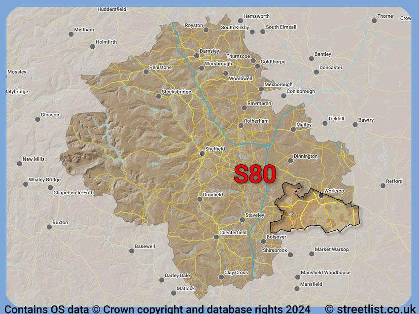 Where the S80 postcode district lies within the wider  postcode area