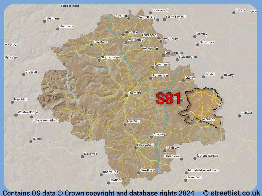 Where the S81 postcode district lies within the wider  postcode area