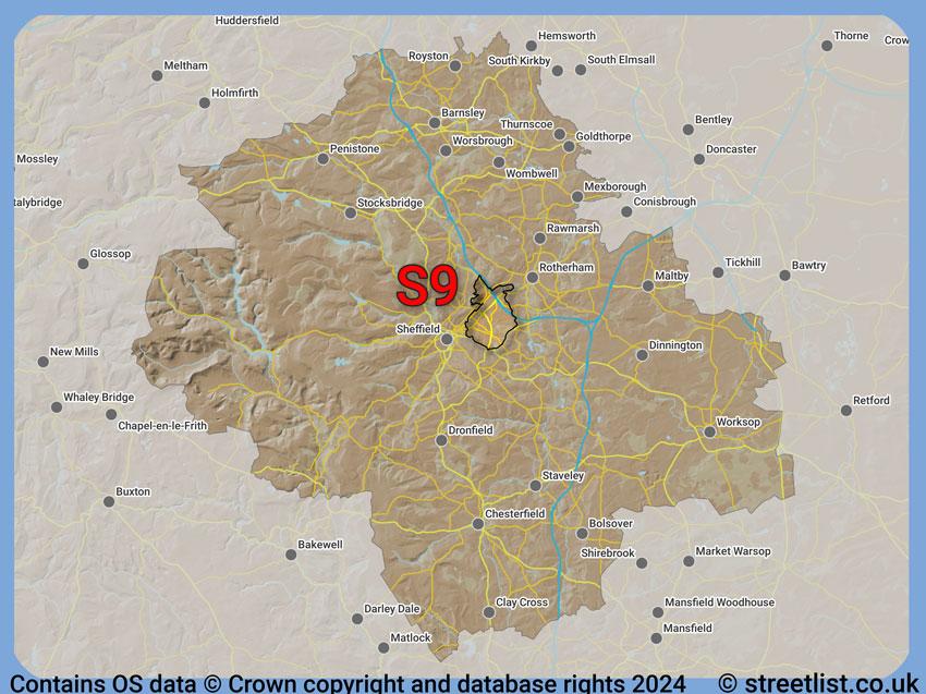 Where the S9 postcode district lies within the wider  postcode area