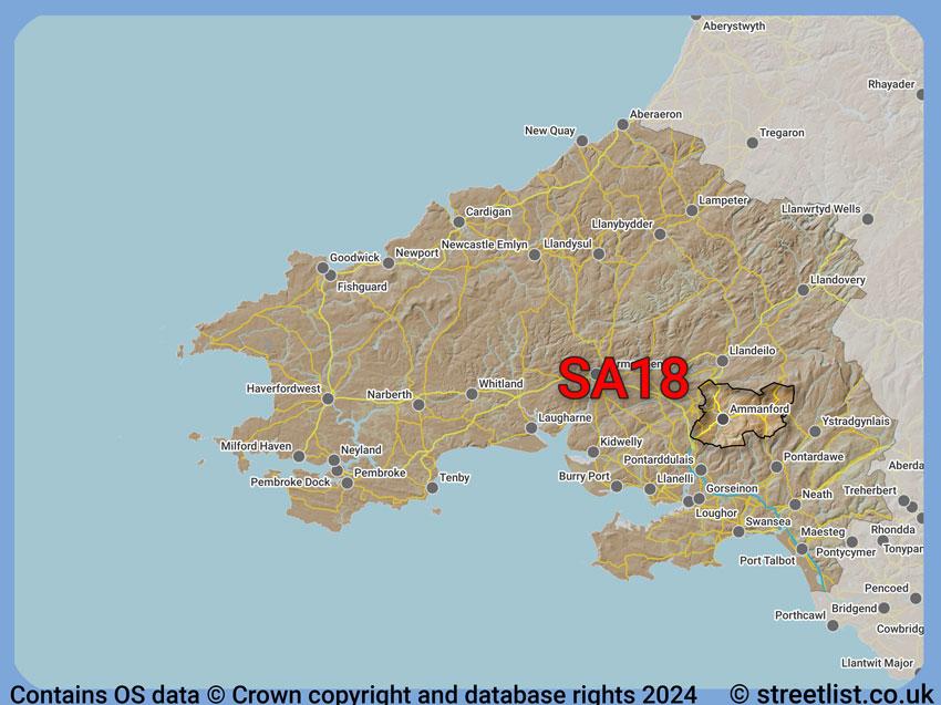 Where the SA18 postcode district lies within the wider  postcode area