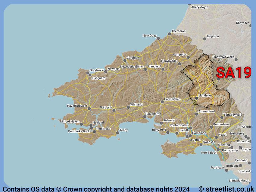 Where the SA19 postcode district lies within the wider  postcode area