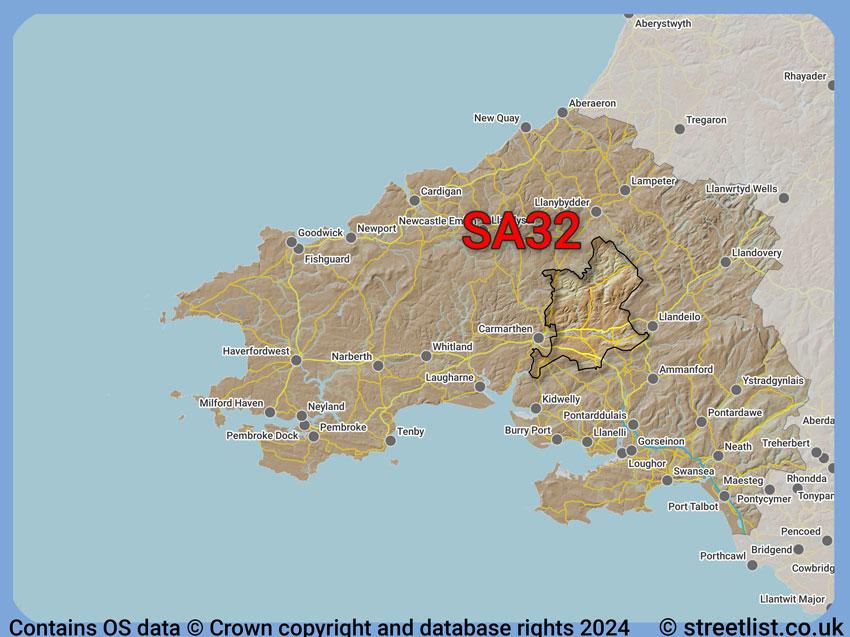 Where the SA32 postcode district lies within the wider  postcode area