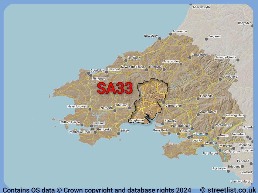 Where the SA33 postcode district lies within the wider  postcode area