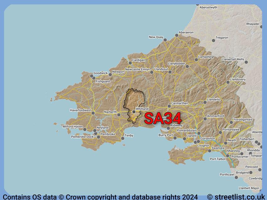 Where the SA34 postcode district lies within the wider  postcode area