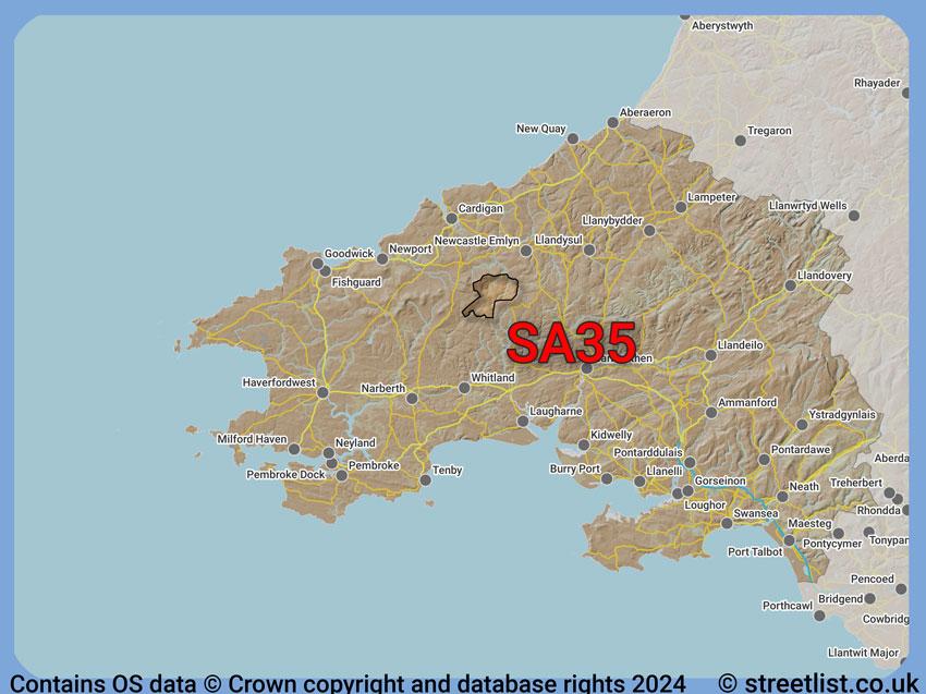 Where the SA35 postcode district lies within the wider  postcode area