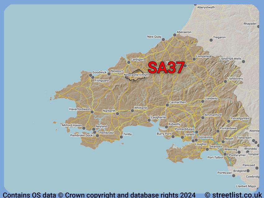 Where the SA37 postcode district lies within the wider  postcode area