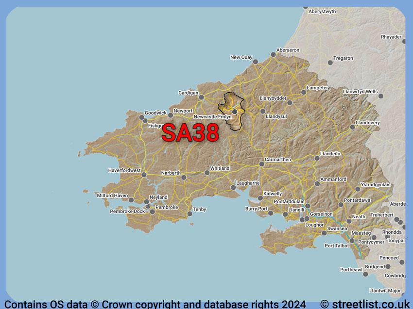 Where the SA38 postcode district lies within the wider  postcode area