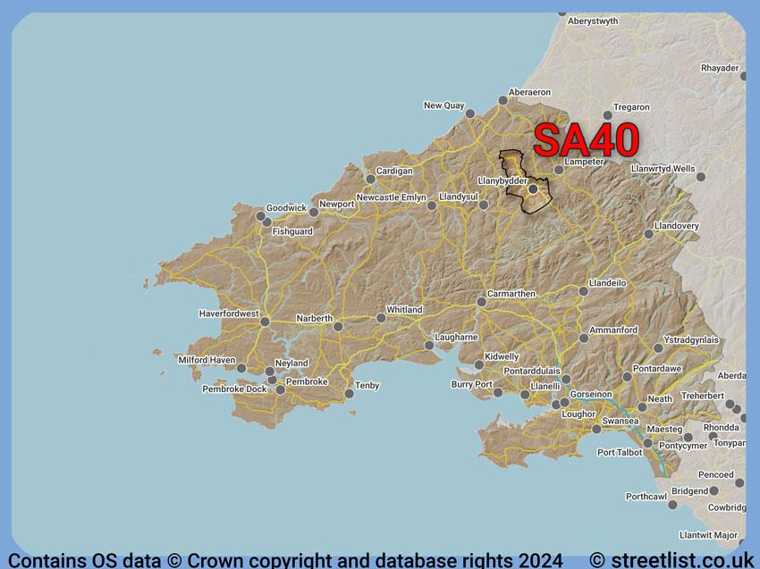 Where the SA40 postcode district lies within the wider  postcode area