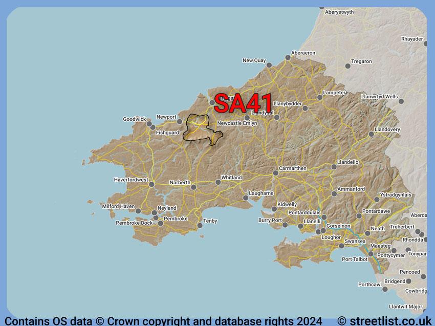 Where the SA41 postcode district lies within the wider  postcode area