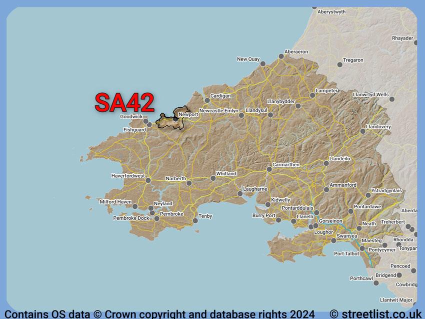 Where the SA42 postcode district lies within the wider  postcode area