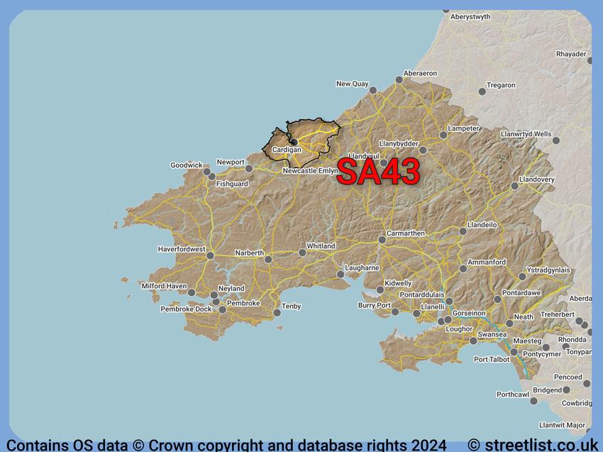 Where the SA43 postcode district lies within the wider  postcode area