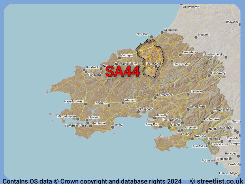 Where the SA44 postcode district lies within the wider  postcode area