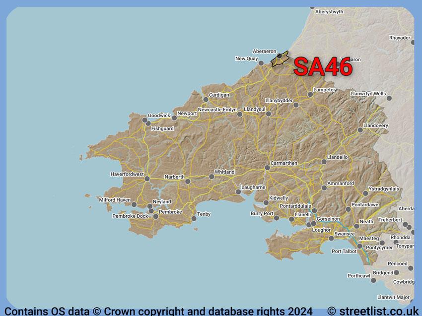 Where the SA46 postcode district lies within the wider  postcode area