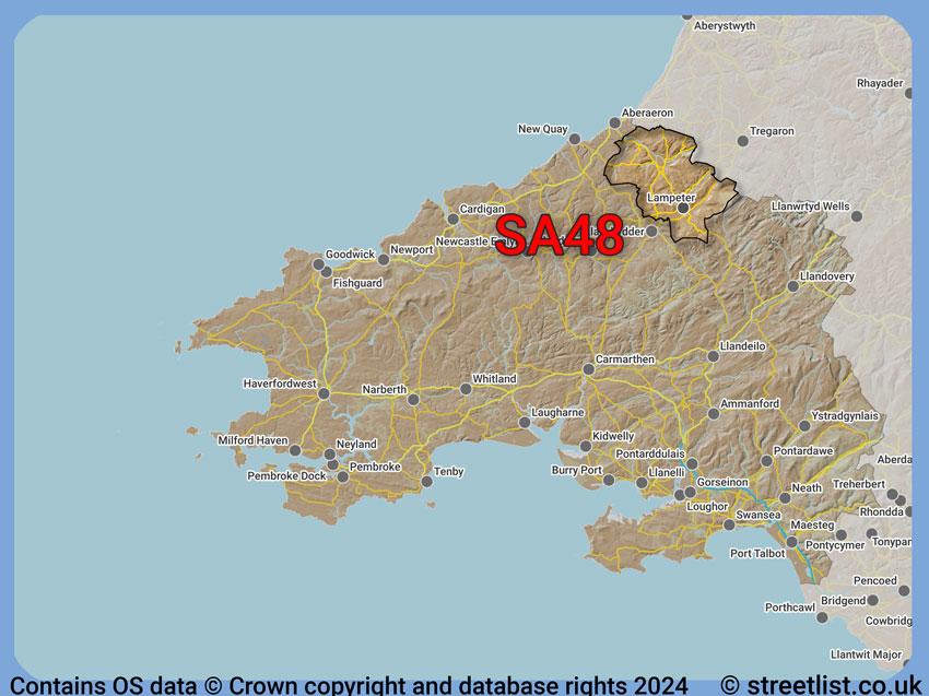 Where the SA48 postcode district lies within the wider  postcode area