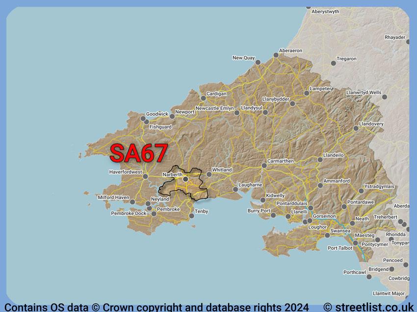 Where the SA67 postcode district lies within the wider  postcode area