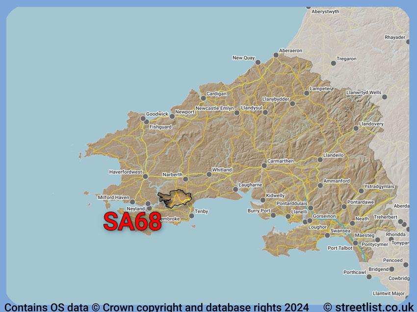 Where the SA68 postcode district lies within the wider  postcode area