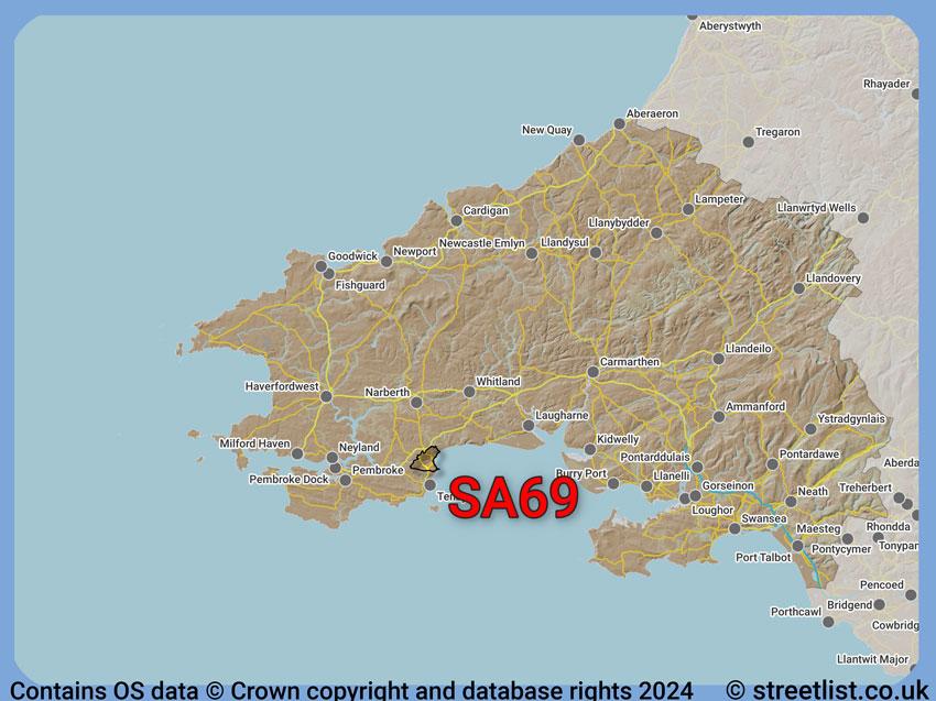 Where the SA69 postcode district lies within the wider  postcode area