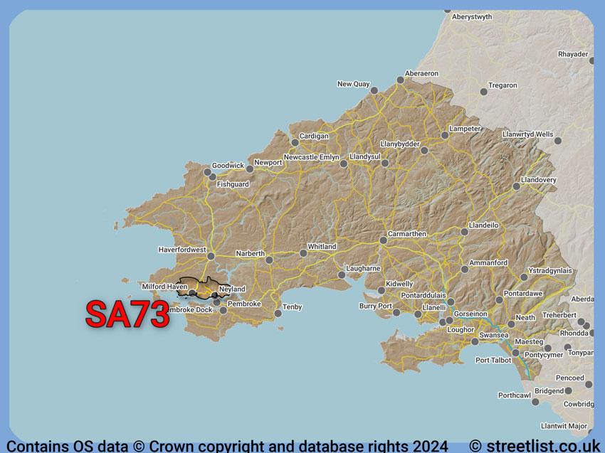 Where the SA73 postcode district lies within the wider  postcode area