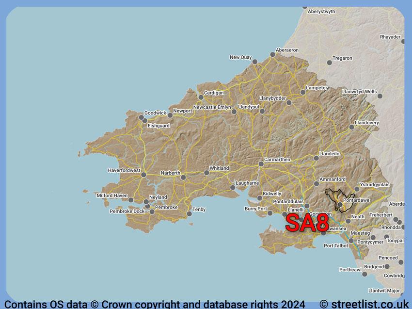 Where the SA8 postcode district lies within the wider  postcode area