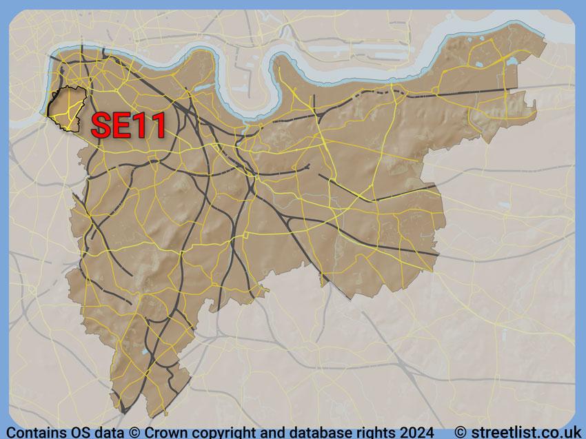 Where the SE11 postcode district lies within the wider  postcode area