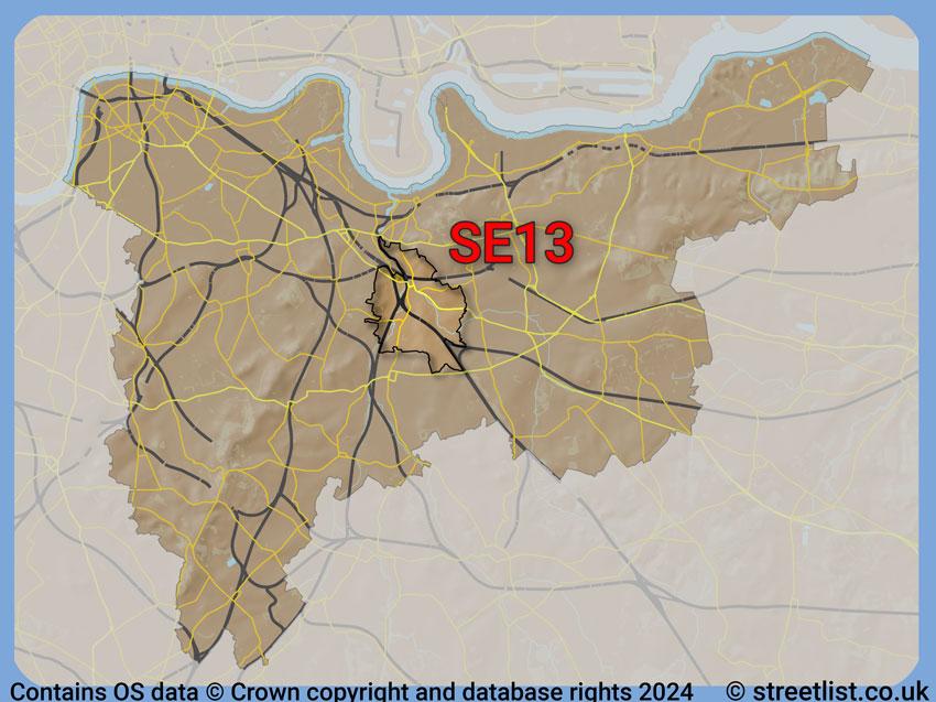 Where the SE13 postcode district lies within the wider  postcode area