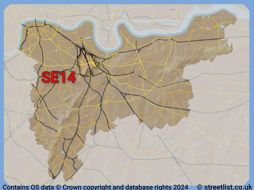 Where the SE14 postcode district lies within the wider  postcode area