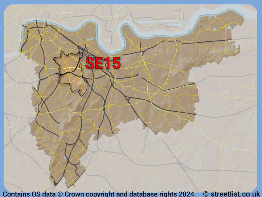 Where the SE15 postcode district lies within the wider  postcode area