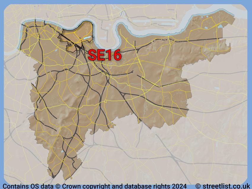 Where the SE16 postcode district lies within the wider  postcode area