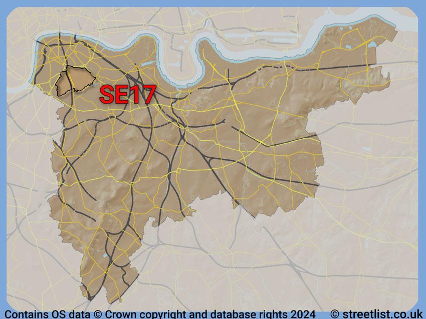 Where the SE17 postcode district lies within the wider  postcode area