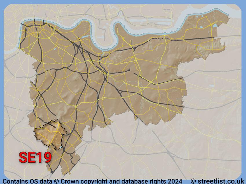 Where the SE19 postcode district lies within the wider  postcode area