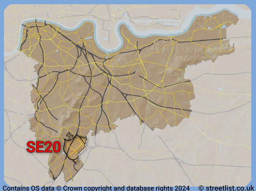 Where the SE20 postcode district lies within the wider  postcode area