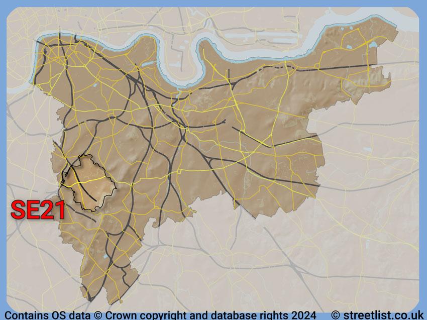 Where the SE21 postcode district lies within the wider  postcode area