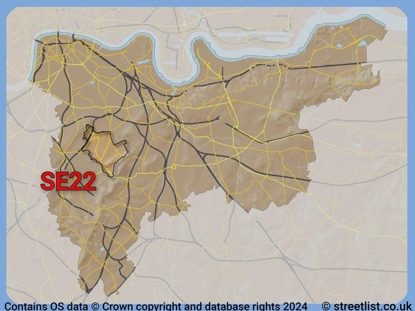 Where the SE22 postcode district lies within the wider  postcode area