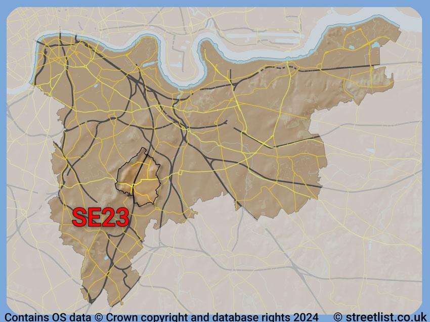 Where the SE23 postcode district lies within the wider  postcode area