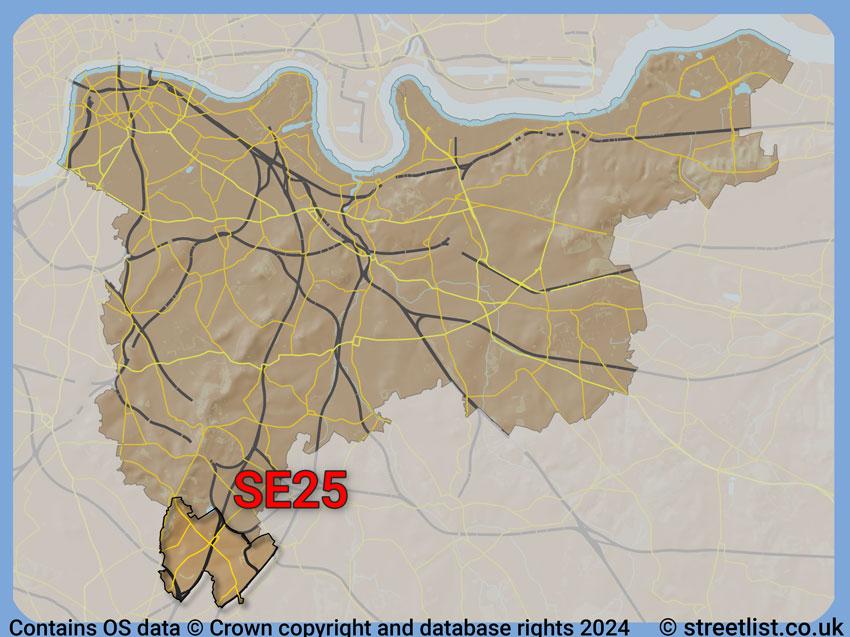 Where the SE25 postcode district lies within the wider  postcode area