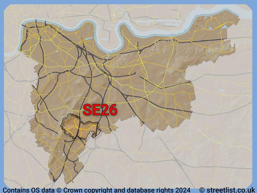 Where the SE26 postcode district lies within the wider  postcode area