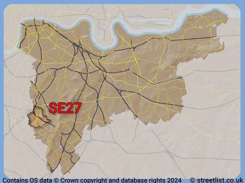 Where the SE27 postcode district lies within the wider  postcode area