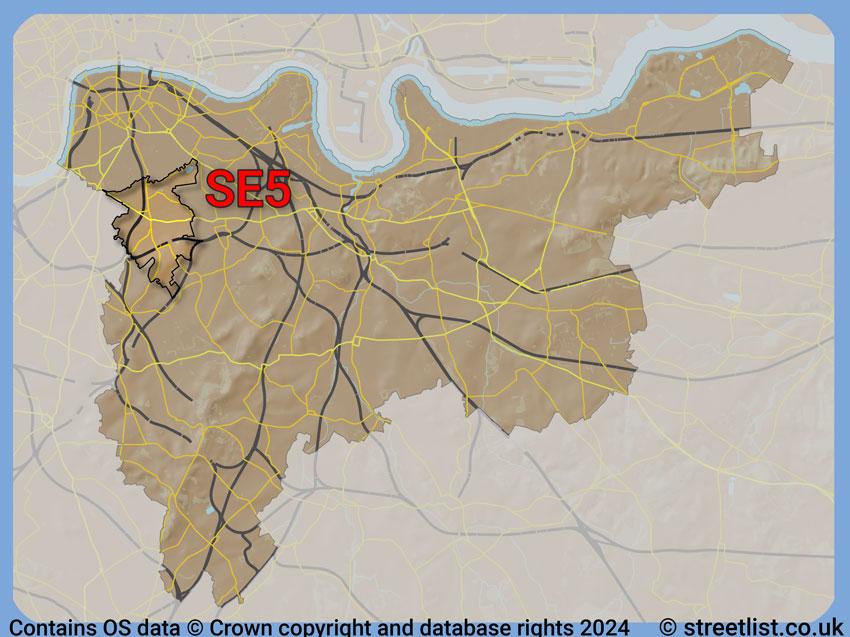 Where the SE5 postcode district lies within the wider  postcode area