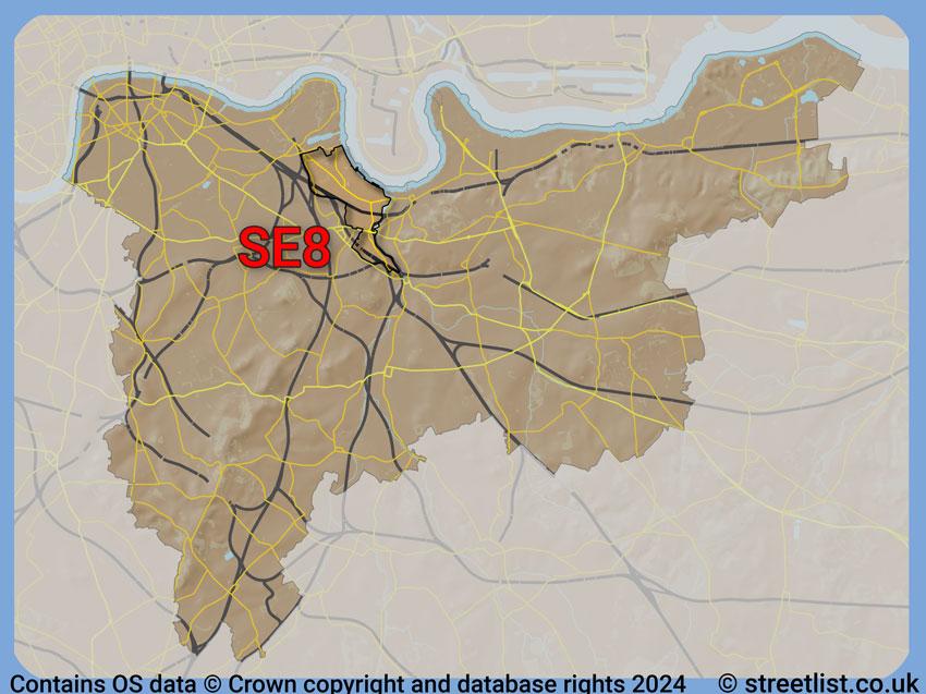 Where the SE8 postcode district lies within the wider  postcode area