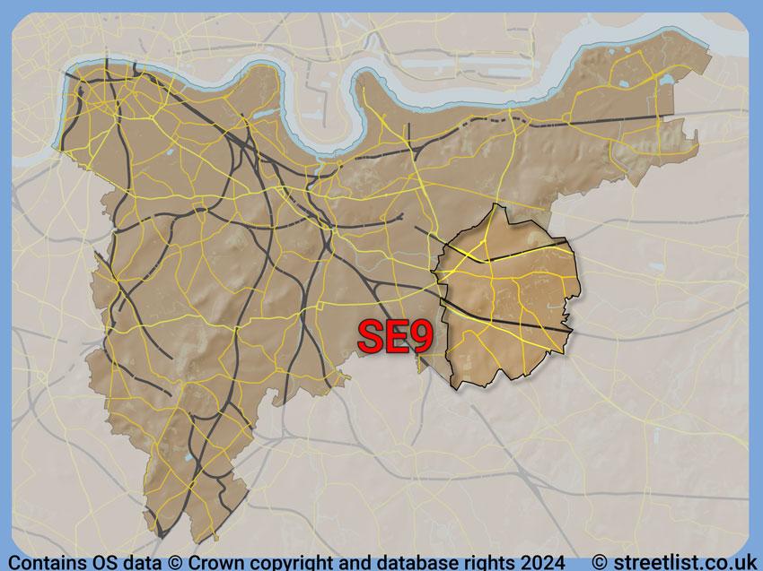 Where the SE9 postcode district lies within the wider  postcode area