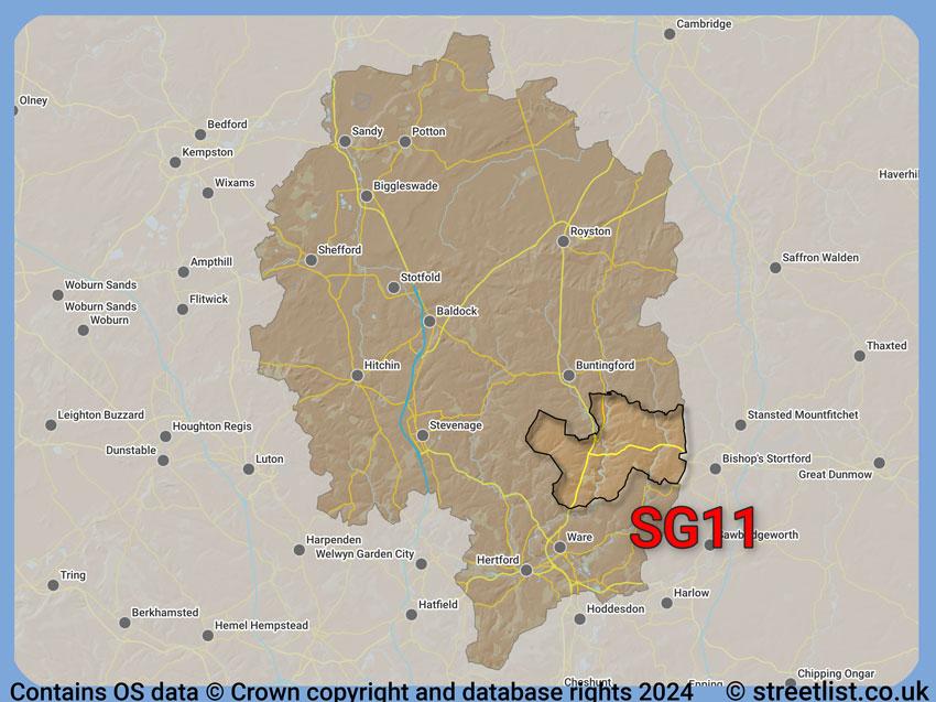 Where the SG11 postcode district lies within the wider  postcode area