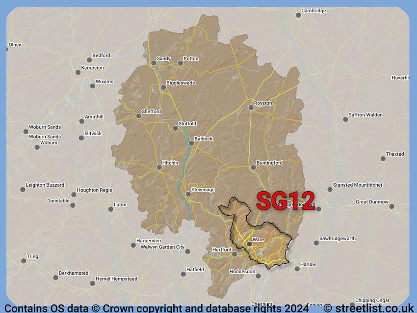 Where the SG12 postcode district lies within the wider  postcode area