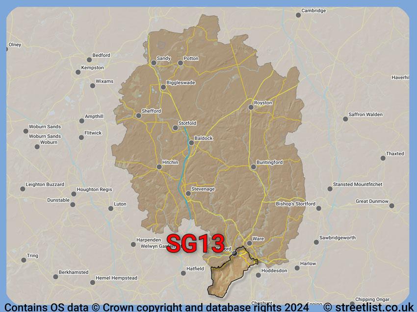 Where the SG13 postcode district lies within the wider  postcode area