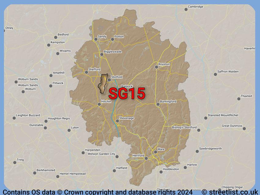 Where the SG15 postcode district lies within the wider  postcode area