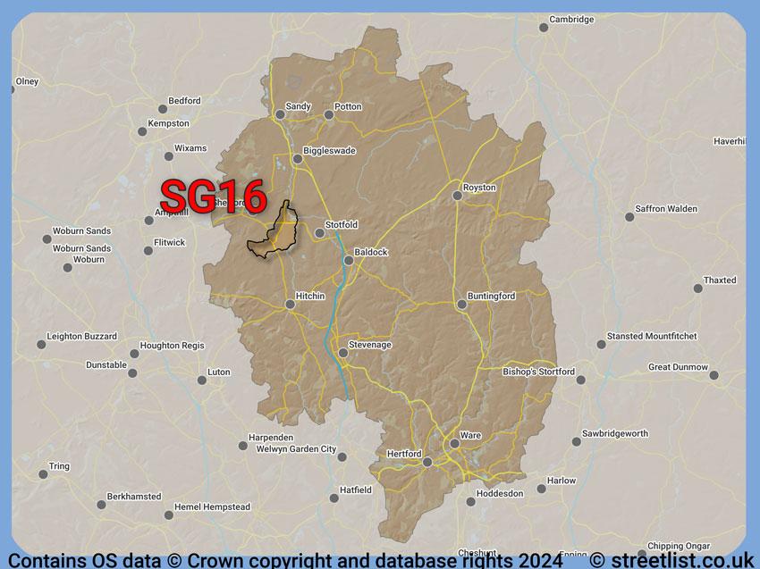 Where the SG16 postcode district lies within the wider  postcode area