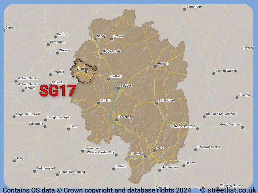 Where the SG17 postcode district lies within the wider  postcode area