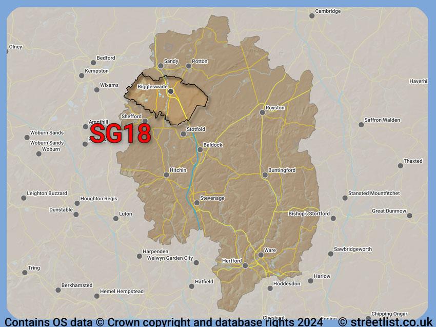 Where the SG18 postcode district lies within the wider  postcode area